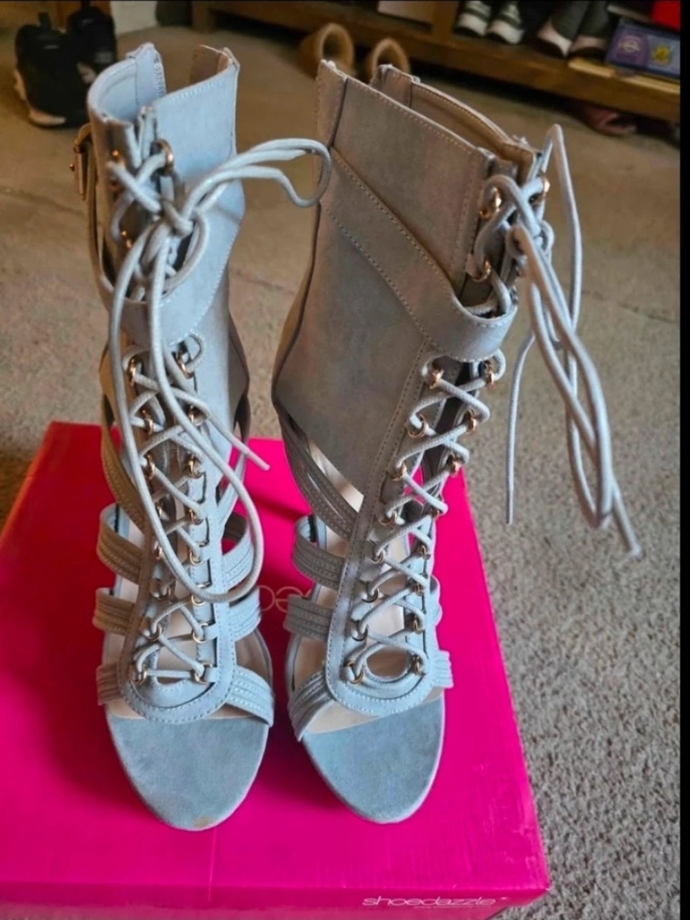 Women’s Lace-Up Suede Gladiator Heels in Light Gray